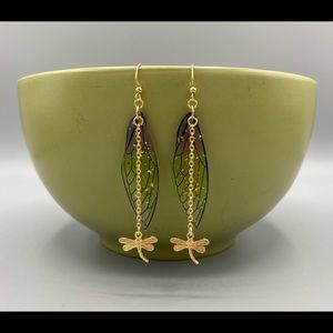 Dragonfly Wing Dangle Drop Earrings Handmade Large Purple Green Gold Tone Gifts